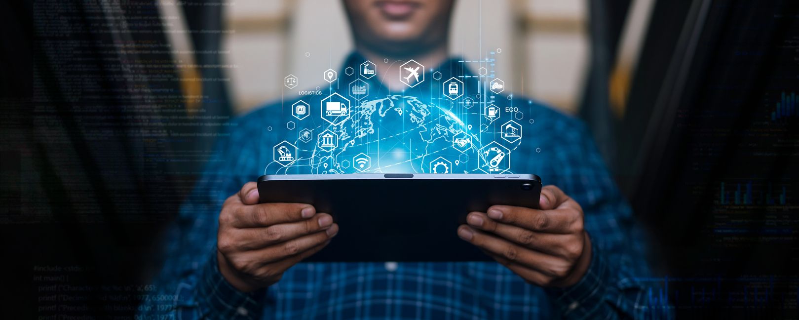Person holding tablet with digital hologram of global network and technology icons.